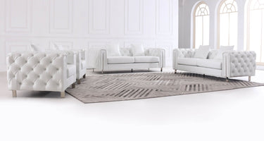 Elegant Modern Chesterfield Sofa Set - Luxury White Leather with Plush Cushions & Gold Legs - UK Luxury Furniture